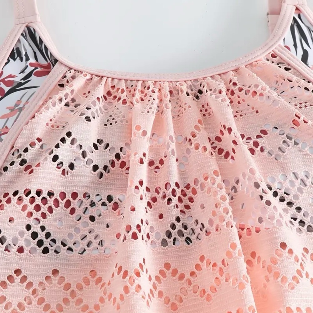 Pink Flower Print Mesh Tankini Set - Picture 5 of 14